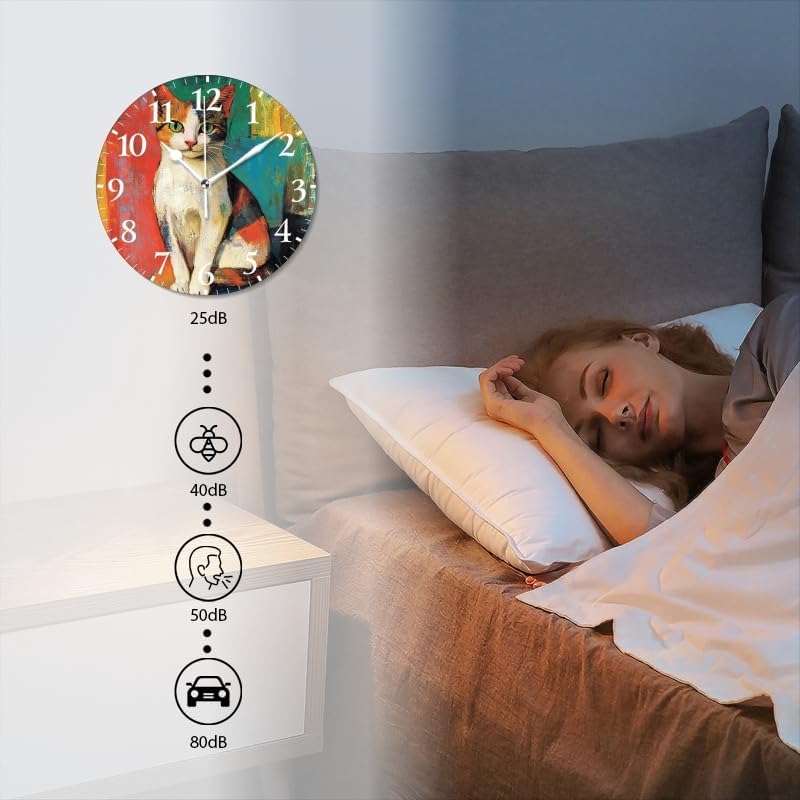 Battery Operated Round Wall Clock Non-Ticking Silent Analog Clcok Decorative for Living Room,Office,Kitchen-Colorful Cat Beautiful 1(16inch)