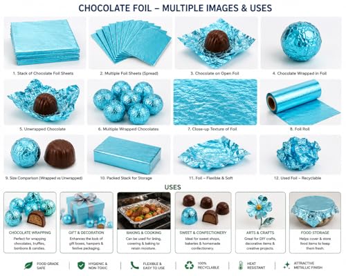 Image of Aluminum Foil Chocolate Wrappers - Candy Wrapping Sheets for DIY Chocolates, Sweets & Gifts | Food-Grade, Decorative & Easy-to-Use Foil Wraps (Light Firozi, Pack of 1 (250 Counts))