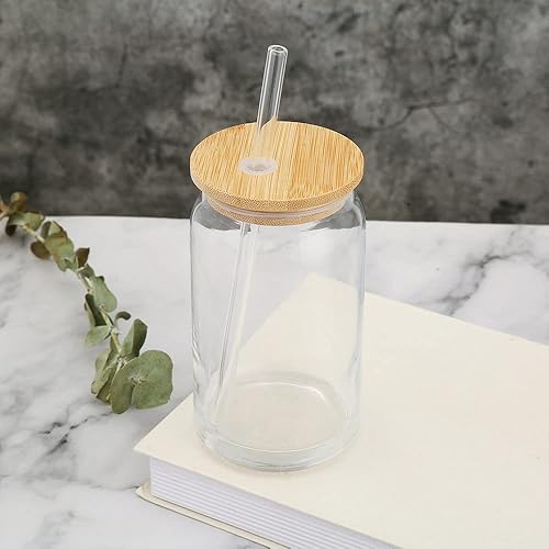 Miniatura 2 de Juego de 2 vasos de vidrio con tapa de Bambu y popote reutilizable transparente vasos de vidrio en forma de lata de 16 onzas vasos de cerveza vasos