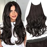 KooKaStyle Invisible Wire Hair Extensions 20‘’ Long Wavy Layered Synthetic Clip in Hair Extensions with Transparent Wire Adjustable Size 6 Secure Clips Dark Brown Thick Hairpieces for Women 20 Inch
