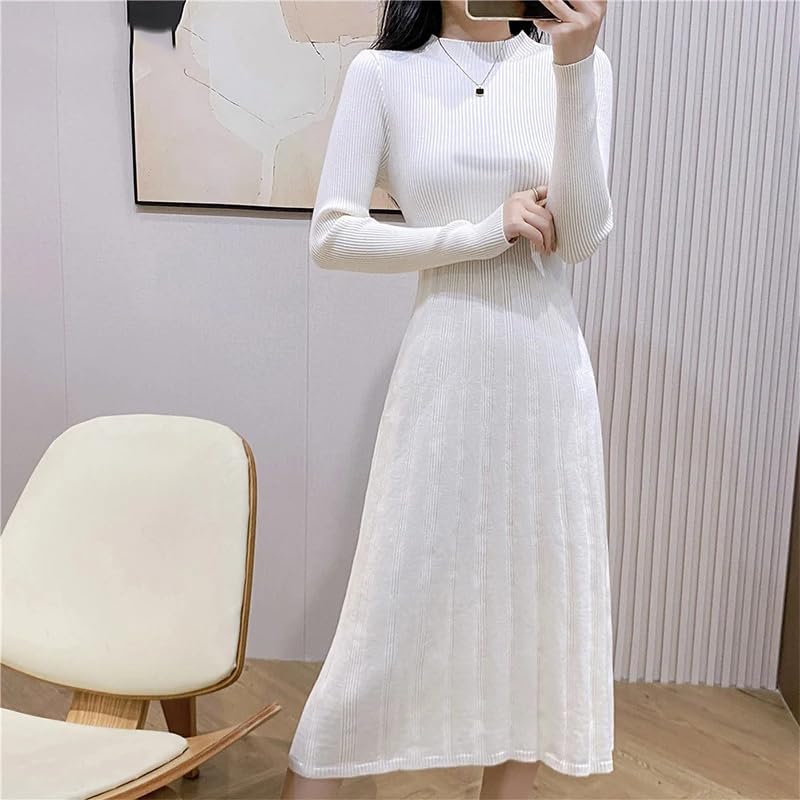 Dninmim Robe pull mi-longue à col roulé pour femme - Automne et hiver - Polyvalente - Coupe ajustée - Robe décontractée