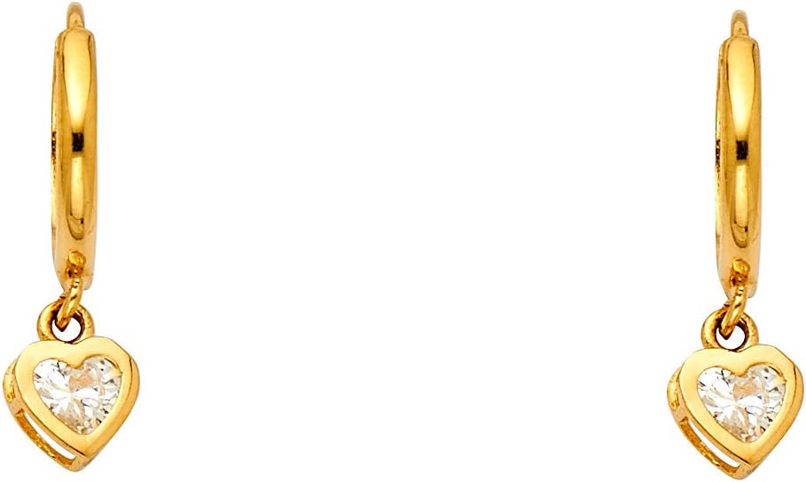 14k REAL Yellow Gold Fancy Huggie Dangle Heart Earrings (6 x 22mm)