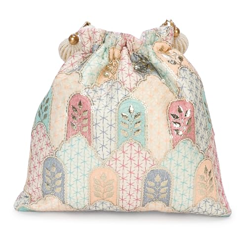 Image of LONGING TO BUY Indian Embroidered Pearl Potli Bag For Women, Sequence Design with Tassel, Wedding Potli Bags