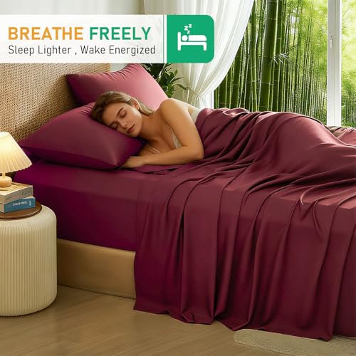 Image of 100% Viscose Derived from Bamboo Sheets King Size,Soft & Cooling Viscose from Bamboo Sheets Set, Organically Grown,Breathable & Soft Deep Pocket Up to 18 Inches(Burgundy)