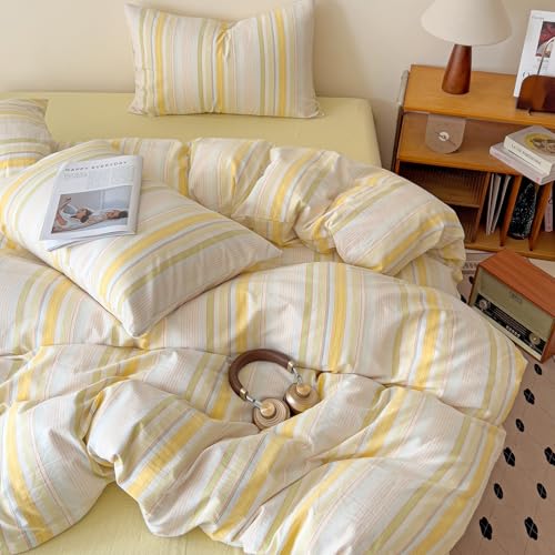 Image of VM VOUGEMARKET 3 Pieces Striped Duvet Cover Set King 100% Washed Cotton Linen Like Textured Breathable Durable Soft Comfy Bedding Set (Yellow Stripes, King 104 inchx90 inch)