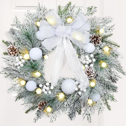 YoleShy Christmas Wreaths - 18 Inch Prelit Wreath with White Bow ...