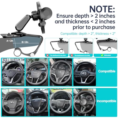 Dashboard Car Phone Holder, Universal 360° Rotation Dash Phone Mount for Car, Multifunctional Dashboard Clip Phone Bracket, Hands-Free Cell Phone Holder Stand Compatible with iPhone & Android (Black)