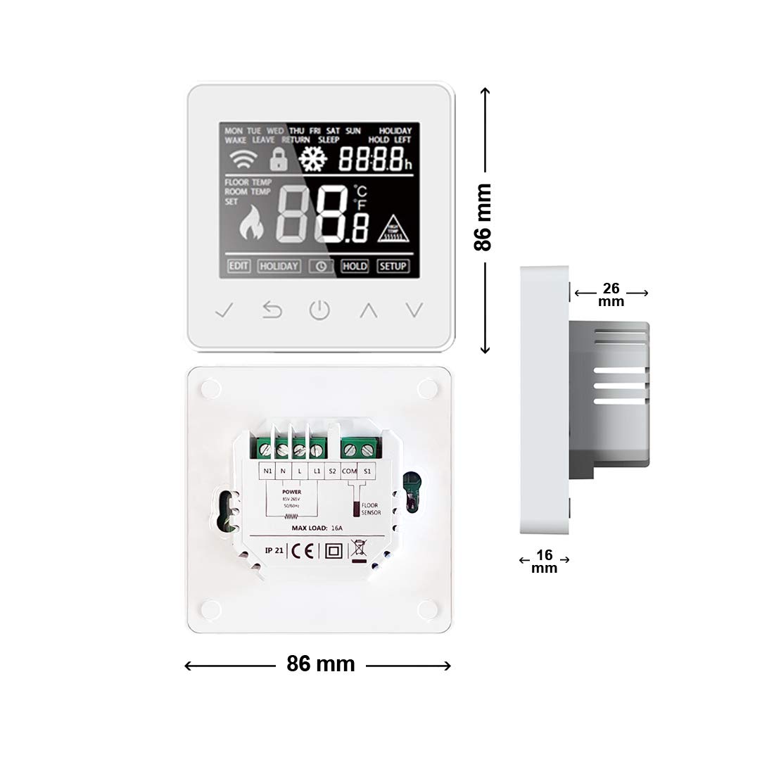 Termostato inalámbrico ThermoLife ET61W – Termostato digital programable con sensor de temperatura interno y sensor de suelo – Control de calefacción para calefacción por suelo radiante, 16 A