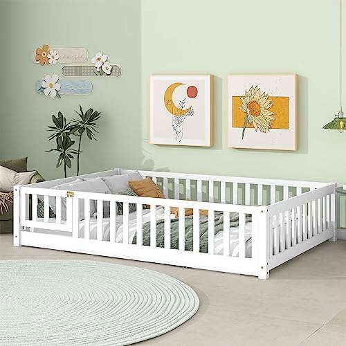 Tatub Full Floor Bed with Safety Guardrails and Door and Slats, Montessori Bed Frame for Girls and Boys, Wood Montessori Floor Bed for Kids, White