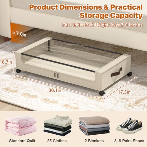 Under Bed Storage with Wheels,XXL 60L Under Bed Storage Containers with Clear Lids, Rolling Under Bed Metal Drawer for Clothes, Shoes,Toys (White, 2 Pack) - Image 3