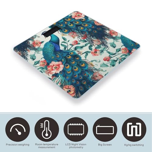 Báscula digital con diseño flores pavo real y vidrio templado miniatura 3