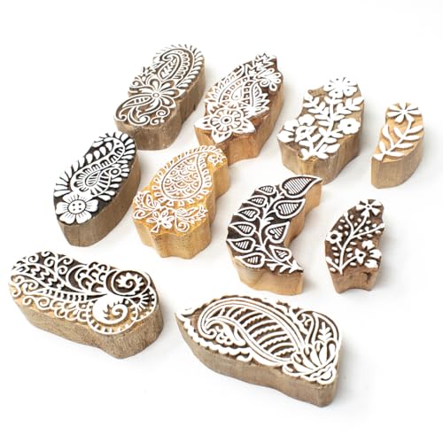 Image of Wooden Stamp Block, Printing Stamp Design Set | Block for Printing Saree Border | Dresses, Craft Card Making, Scrapbook, Clay Pottery | Set of 10