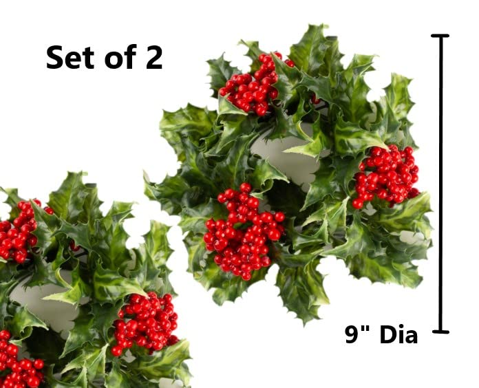Group of 2 Weather Resistant Classic Holly Candle Ring with Red Berries - Real Touch Artificial Lifelike Holly Candle Ring for Christmas Holiday Decoration by Factory Direct Craft (9