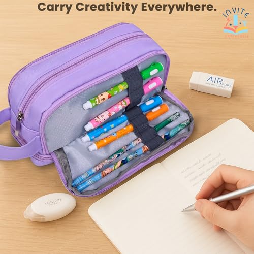 Image of Large Capacity 4 Compartment Pencil Case with Handle | Aesthetic School Pouch for Girls & Boys | Unicorn Eraser Included | Stationery Organizer for School, College & Office(Purple Pouch + Eraser)