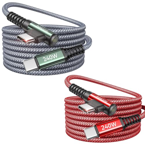 Image of AINOPE 240W USB C to USB C Cable Fast Charging 6FT,Right Angle Fast Type C Charging Cable Fits iPhone 16 Pro Max Plus,iPhone 15,MacBook Air /Pro,iPad Pro,Samsung,Pixel,All Devices, Grey,Red 2Pack