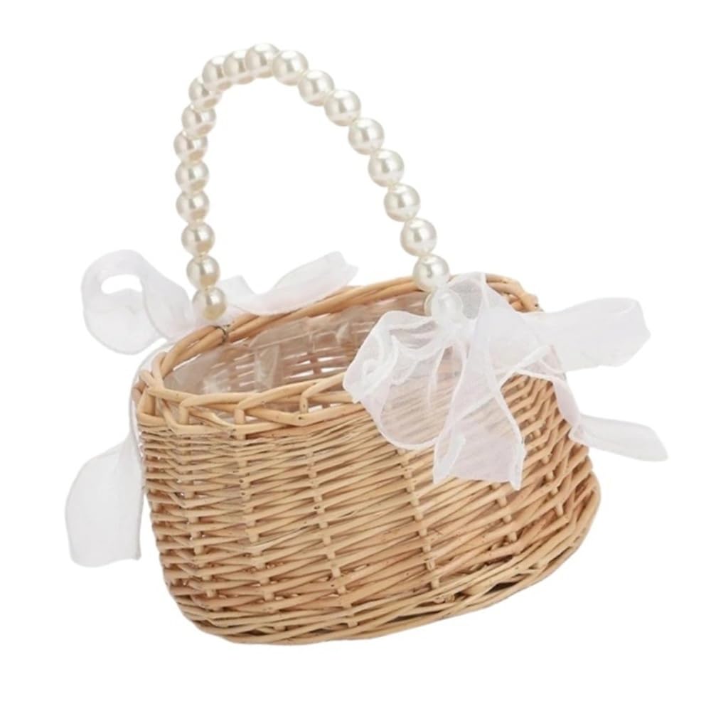 1 Stück brauner Weiden-Rattan-Blumenkorb, handgewebter Hochzeits-Weidenkorb mit Perlengriff und Schleife