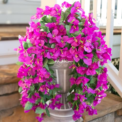 HyeFlora Bougainvillea - Flores colgantes artificiales para decoración al aire libre, 2 flores falsas, vides de buganvillas moradas, flores de seda realistas resistentes a los rayos UV para macetas