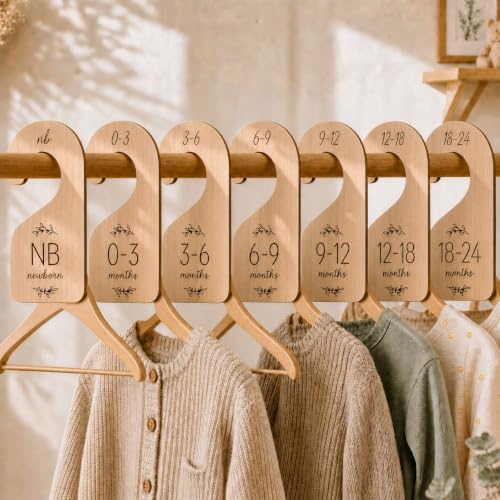 Image of Baby Closet Dividers for Clothes Organizer - Set of 7 Adorable Wooden Double-Sided Baby Clothes Size Hanger Organizer from Newborn to 24 Months for Nursery Beautiful Decor | Double Sided Design, Solid Wood, Laser Engraving Design, from Newborn to 24 Months, Durable, Gift for Mom, Nursery Decor
