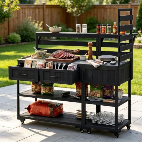 DFCHLDA 62.3" Outdoor Kitchen Island Cart, Steel Top & Drawers,Solid Wood