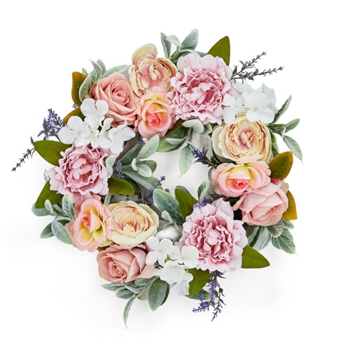 Garvee 20" Spring Wreath for Front Door, Artificial Pink Peony & Lavender Floral Wreath with Roses, Hydrangeas, and Rabbit Ear Leaves for Door, Wall,