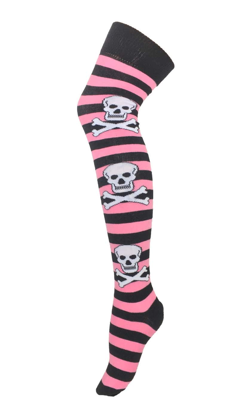 M Macahel Women's Pink Girls Striped Stripy Comfy Knitted Over The Knee Crossbone Skull Cotton Rich Socks Spooky Pattern Hallowen Gothic Design For Costume Party (Pink)