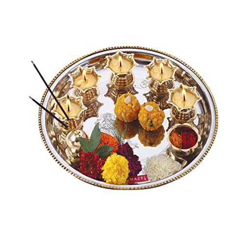 Image of HAZEL Stainless Steel Pooja Aarti Thali Set | Gold & Silver Finish | 28 cm Festive Thali with 5 Diyas & Incense Stand | Elegant Gift for Rituals