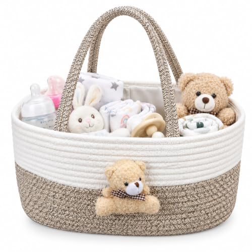 Image of House of Quirk Baby Diaper Caddy Organizer Cotton Rope Basket - Teddy