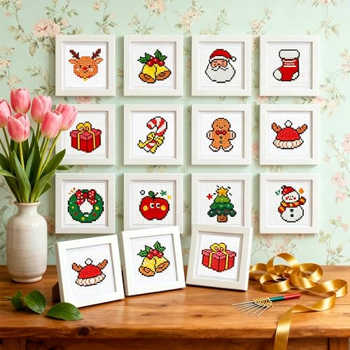 Zhenqing 12 Mini Christmas Stamped Cross Stitch Kit for Beginners 11CT Printed Fabric with Santa Reindeer Snowman Tree Gift Bell Designs DIY Holiday Craft Set with Pre-Cut Floss Needles and Guide