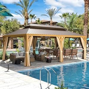 YOLENY 14' x 22' Hardtop Gazebo Wood-Looking Aluminum Frame Pergola with Galvanized Steel Double Roof, Outdoor Permanent Metal Pavilion with Netting and Curtains for Lawns,Deck and Backyard YOLENY 14 x 22 Hardtop Gazebo Wood Looking Aluminum Frame Pergola with Galvanized Steel Double Roof Outdoor Permanent Metal Pavilion with Netting and Curtains for LawnsDeck and Backyard