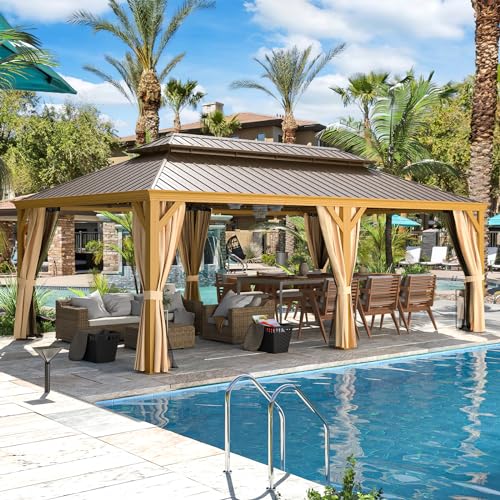YOLENY-14-x-22-Hardtop-Gazebo-Wood-Looking-Aluminum-Frame-Pergola-with-Galvanized-Steel-Double-Roof-Outdoor-Permanent-Metal-Pavilion-with-Netting-and-Curtains-for-LawnsDeck-and-Backyard YOLENY 14 x 22 Hardtop Gazebo Wood Looking Aluminum Frame Pergola with Galvanized Steel Double Roof Outdoor Permanent Metal Pavilion with Netting and Curtains for LawnsDeck and Backyard