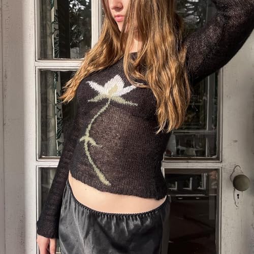 ICNGLKSND Women Lightweight Sheer Sweater Floral Print Knitwear Long Sleeve Boat Neck See Through Jumper Loose Rib Crop Tops4