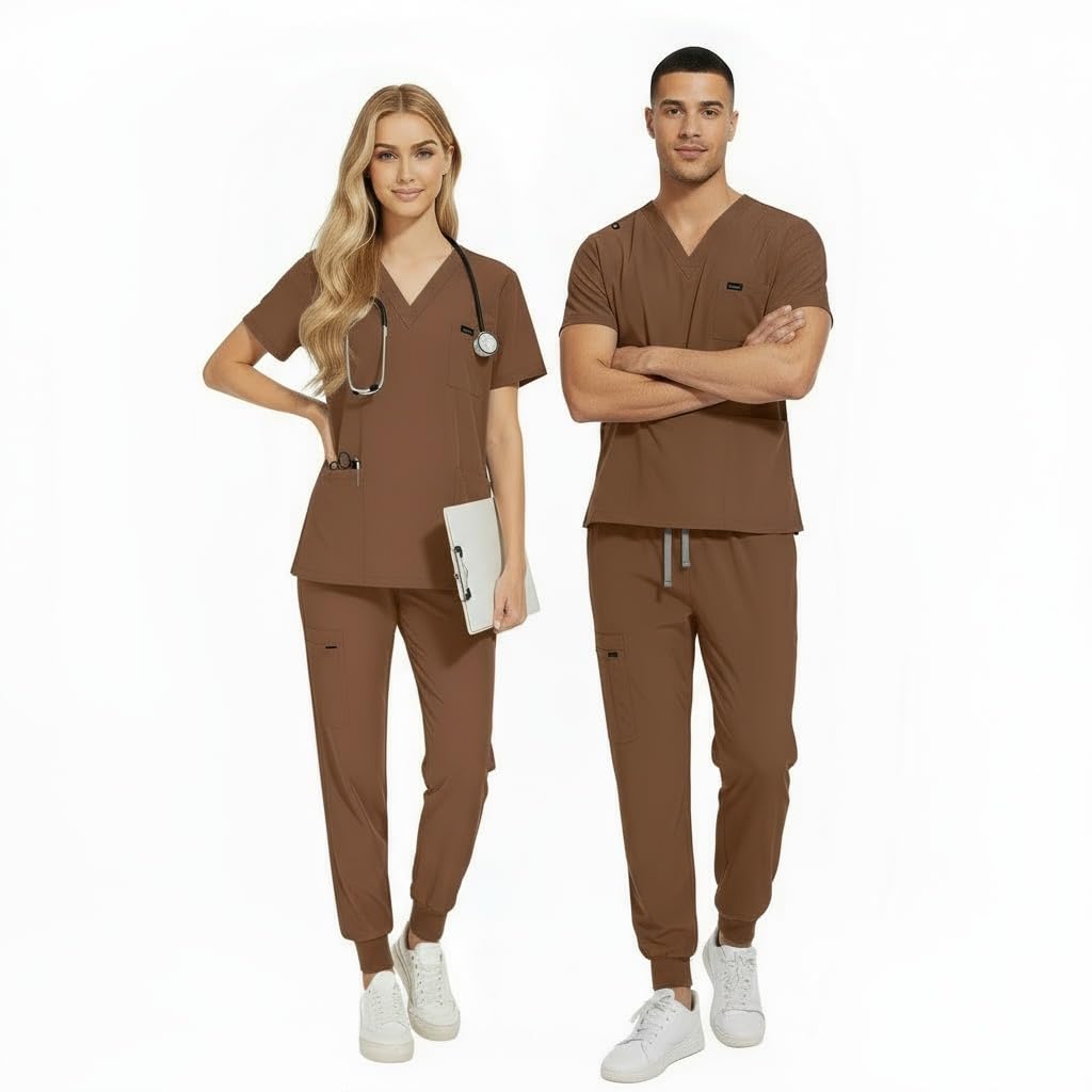 CK13 - Conjunto médico de manga corta con cuello en V y 3 bolsillos, pantalones elásticos que absorben la humedad, uniforme médico
