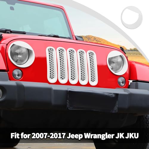 Image of JWWY Front Grille Insert Radiator Grille Grillwork Surround Assembly Inserts Headlight Headlamp Cover Trim Set Fit for 2007-2017 Jeep Wrangler JK JKU Exterior Accessories 9pcs White