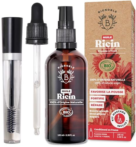 BIONOBLE Huile de Ricin Bio Pressée à Froid + Kit Mascara, 100% Naturelle - Favorise la Pousse, Répare - Huile de Ricin pour Cheveux, Cils, Sourcils -...