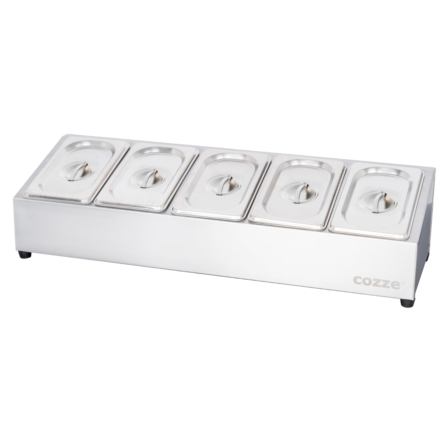 cozze® Soporte para pizza – Recipiente de ingredientes de acero inoxidable con tapa – Estación para pizza con 5 compartimentos – Accesorio para cocina y preparación de pizza