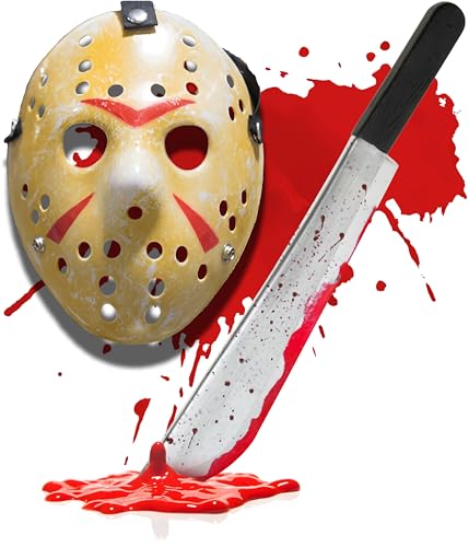 Mega_Jumble Halloween Costume Killer Set Jason Hockey Mask + Bloody Machete for Adult Scary Halloween Party Haunted House Horror Cosplay Fancy Dress Accessory (Jason Mask + Machete)