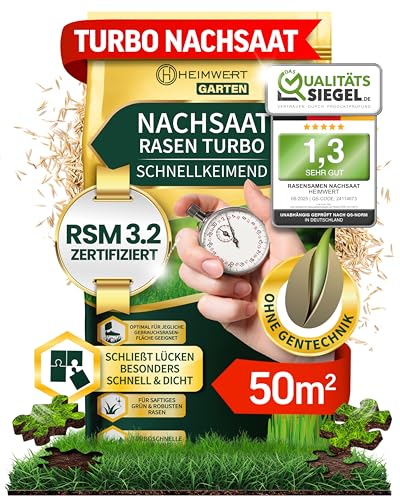 Heimwert Rasensamen schnellkeimend Turbo Nachsaat Grassamen schnellkeimend nach original RSM 3.2 Empfehlung aus hochwertigster Gräser Mischung - 1kg Sport und Spiel Rasen für 50 m2 - Made in Germany