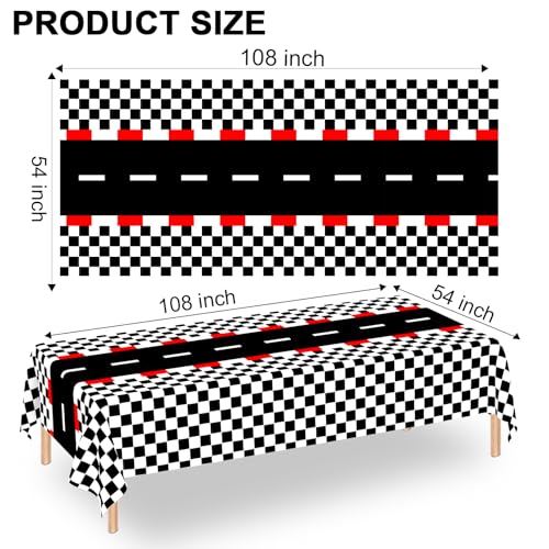 Image of WNINK 3 PCS Racing Car Theme Tablecloths Car Disposable Plastic Tablecloths Black Checkered Flag Table Covers Racetrack Rectangular Tablecloth for Race Car Birthday Party Decorations, 54 x 108 Inch