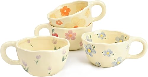 Koythin Tazas de café de cerámica de 4 piezas, taza de flores creativas para oficina y hogar, 8.5 oz8.5 fl oz para té con leche (flor azul, flor