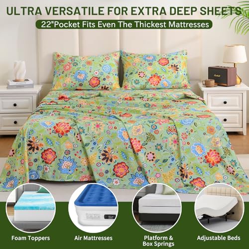 Image of Bedlifes Extra Deep Pocket 18-24 inch Queen 4-Piece Sheet Set - Cooling Sheets Blend Rayon Derived from Bamboo Soft & Breathable Floral Sage Green