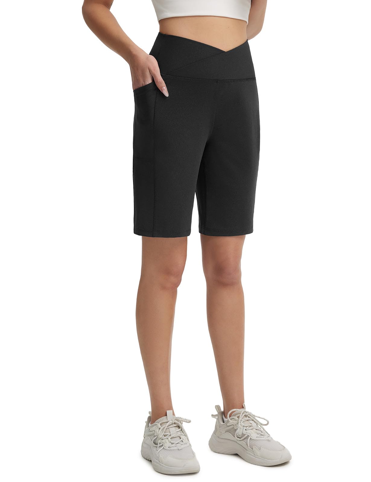 baleaf Bermuda da donna lunghi con tasche 22,9 cm sopra il ginocchio, vita alta, elasticizzati, camminate, atletica, casual, estate