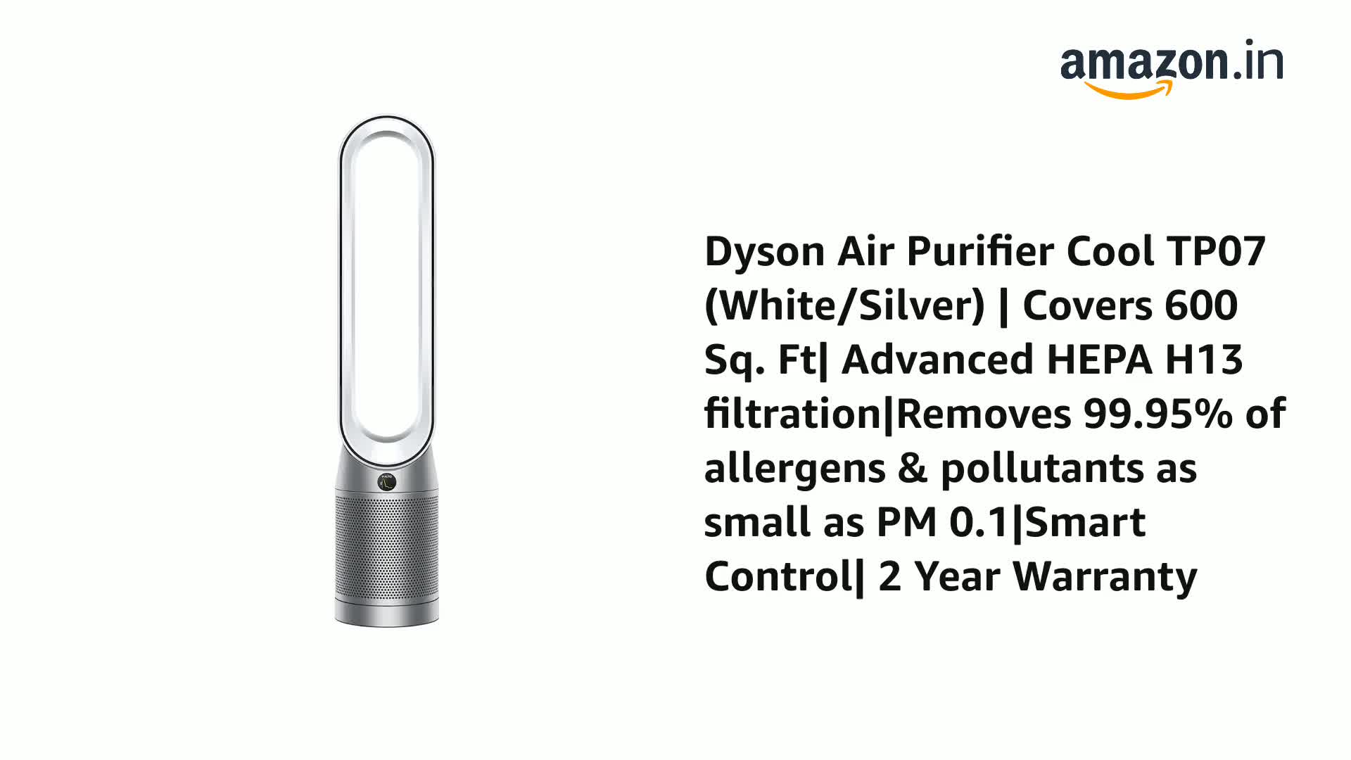 Dyson Air Purifier Cool TP07 (White/Silver) | Covers 600 Sq. Ft