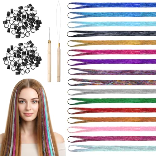 cobee 16 Colors Hair Tinsel Kit Glitter Hair Tinsel Extensions Kit Coloured HairExtensions Hairs Heat Resistant Fairy Hairs Accessories for Party Christmas Halloween Cosplay(48 Inch 4800 strands)