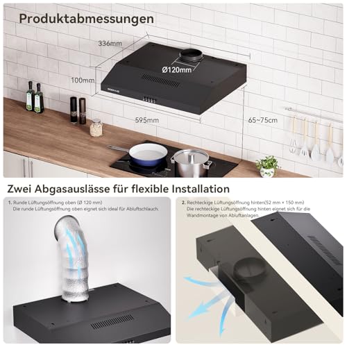 Soonye A+++ Dunstabzugshaube 60cm Unterbau,Umlufthaube Umluft mit Kohlefilter,Integrierte Unterschrank Unterbauhaube Abluft,3 Leistungsstufen Schwarz