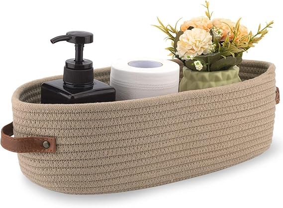 Image of [Pack of 1-13x6x4 inch, Oval, Brown] Handwoven Soft Jute Cotton Basket with Leather Handle | Shelf Baskets, Naturally Reshapes After Filling | Ideal for Storage, Organization & Gift Hampers