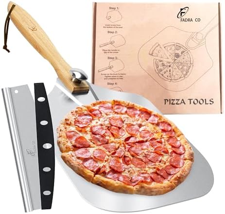Fadra co complete pizza peel set – 12x 14 Inch Metal paddle with foldable Wooden Handle and Convenient cutter, pizza paddle for pizza oven, pizza steel and pizza shovel for pizza oven