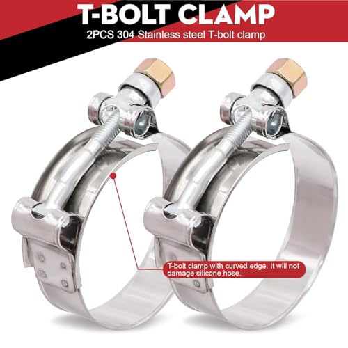 Image of 2 inch ID (51mm) Straight Silicone Hose Coupler 8 inch Long, 4-Ply Reinforced 5mm Thick, Straight Turbo Intake Pipe with 2x Stainless Steel T-Bolt Clamps - for Intercooler, Charge Pipe, Cold Air Intake