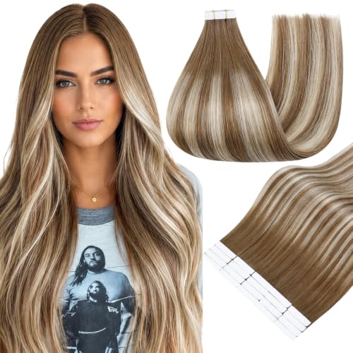 Image of Full Shine Hair Extensions Tape in, Brown Caramel Blonde Ombre 14 Inch | 50g 20PCS, Seamless Skin Weft Tape in Extensions Human Hair, Invisible Straight Finish Soft Texture Smooth Daily Wear
