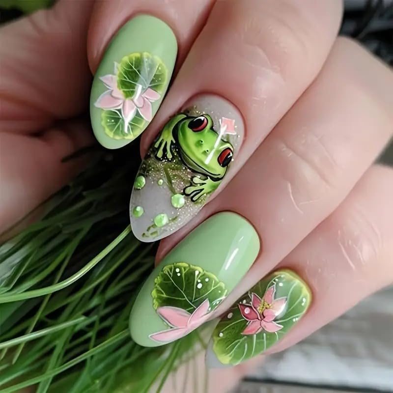 Press on Nails Cute Green Frog Design False Nails Long Almond Shaped Fake Nail Lotus Flower with Lotus Leaf Glue on Nails Artificial Nails for Women 24Pcs