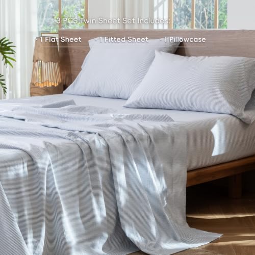 Image of MooMee Striped Sheet Set 100% Washed Cotton Linen Like Twin